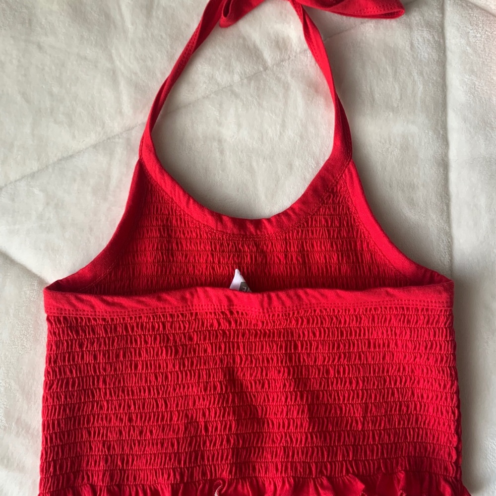 red crop top with tied neck